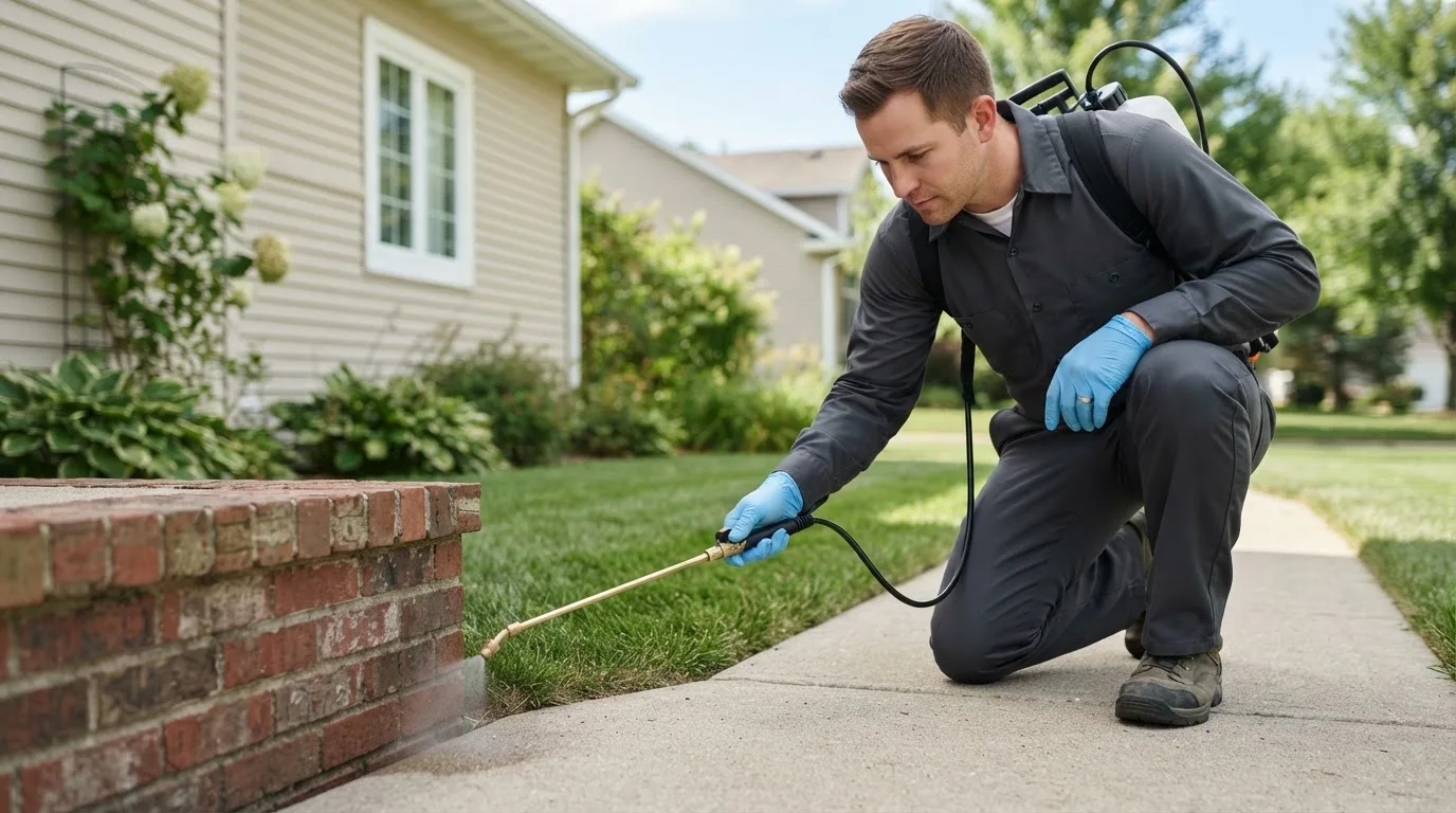 Pest control technician treating a home near Hamilton, IA