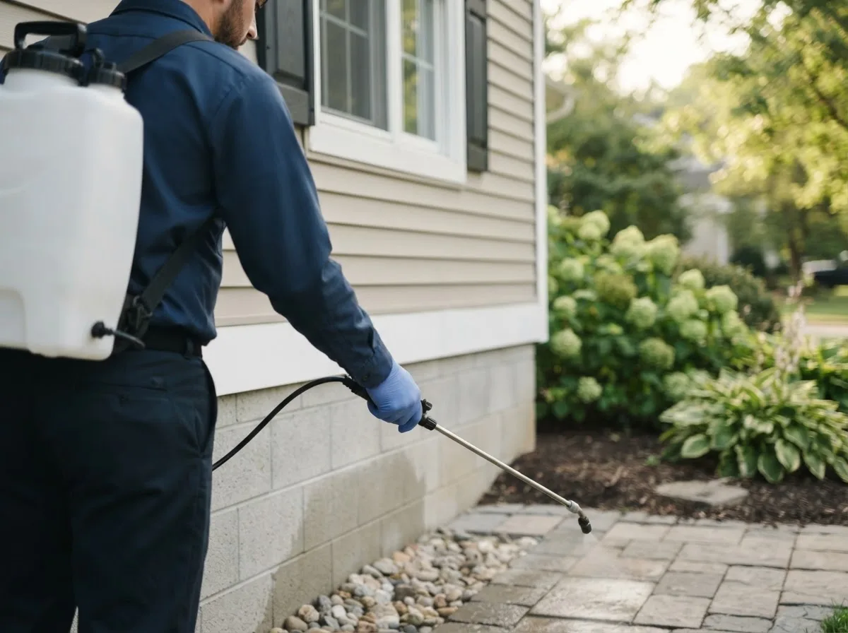 Pest control technician inspecting a home in Hamilton, IA